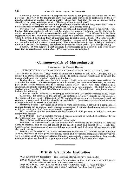 Commonwealth of Massachusetts. Department of Public Health. Report of Division of Food and Drugs, March to August, 1940