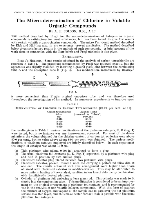 The micro-determination of chlorine in volatile organic compounds