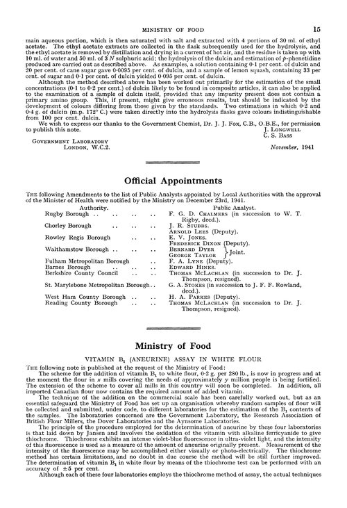 Ministry of Food.—vitamin B1(aneurine) assays in white flour