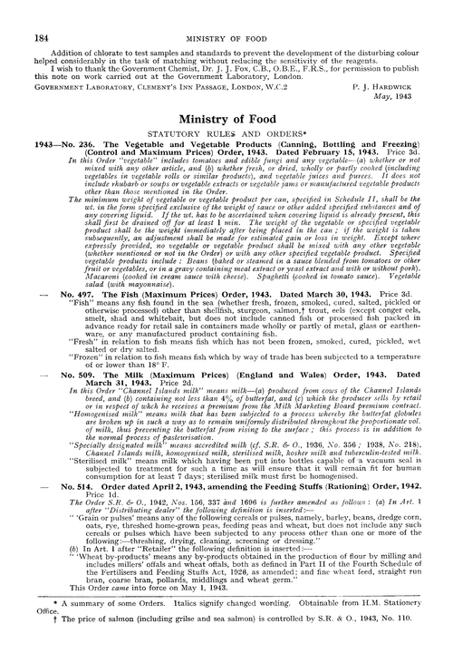 Ministry of Food.—statutory rules and orders