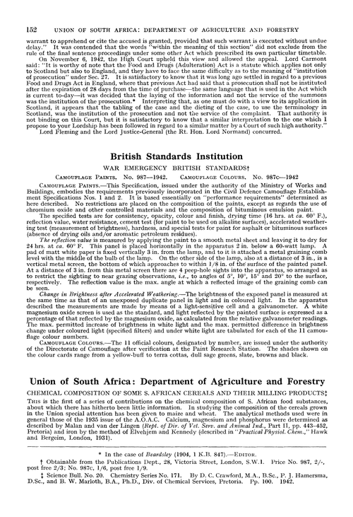 Union of South Africa: Department of Agriculture and Forestry. Chemical composition of some S. African cereals and their milling products