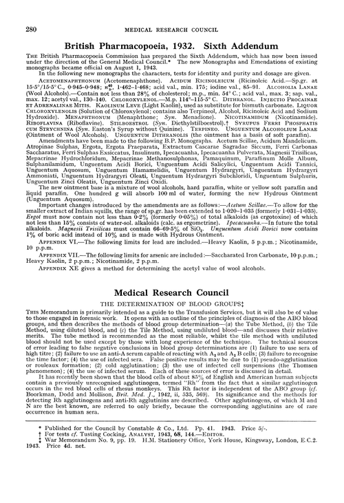 British Pharmacopoeia, 1932. Sixth Addendum