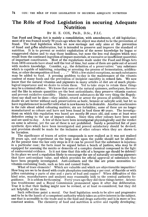 The rôle of food legislation in securing adequate nutrition