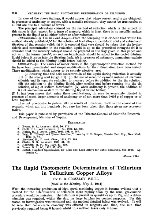 The rapid photometric determination of tellurium in tellurium copper alloys