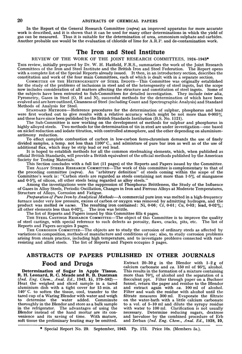 The Iron and Steel Institute. Review of the work of the Joint Research Committees, 1924–1943