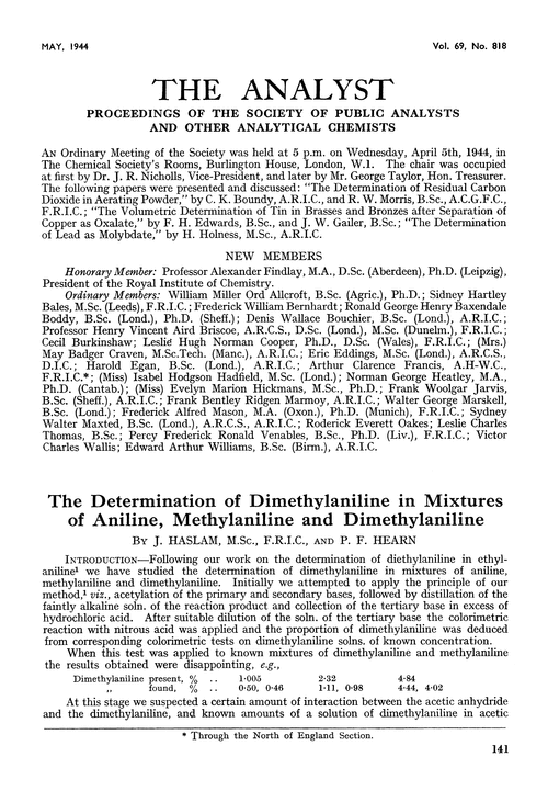 The determination of dimethylaniline in mixtures of aniline, methylaniline and dimethylaniline