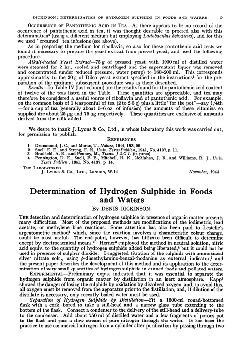 Determination of hydrogen sulphide in foods and waters