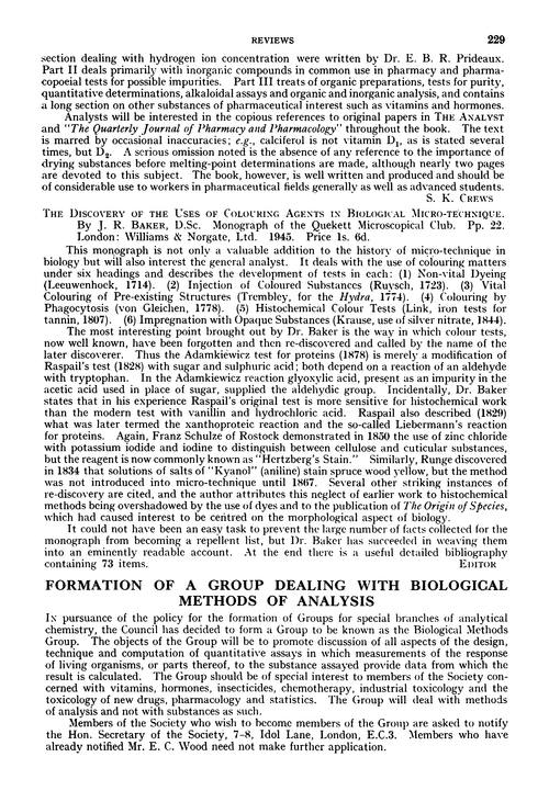 Formation of a group dealing with biological methods of analysis
