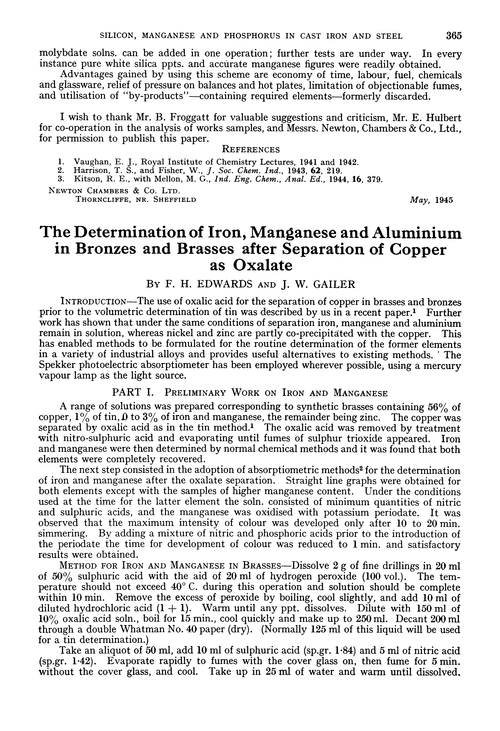 The determination of iron, manganese and aluminium in bronzes and brasses after separation of copper as oxalate