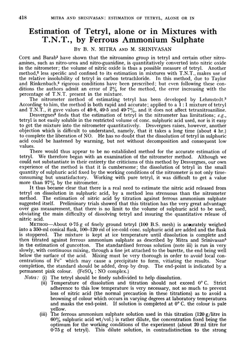 Estimation of tetryl, alone or in mixtures with T.N.T., by ferrous ammonium sulphate