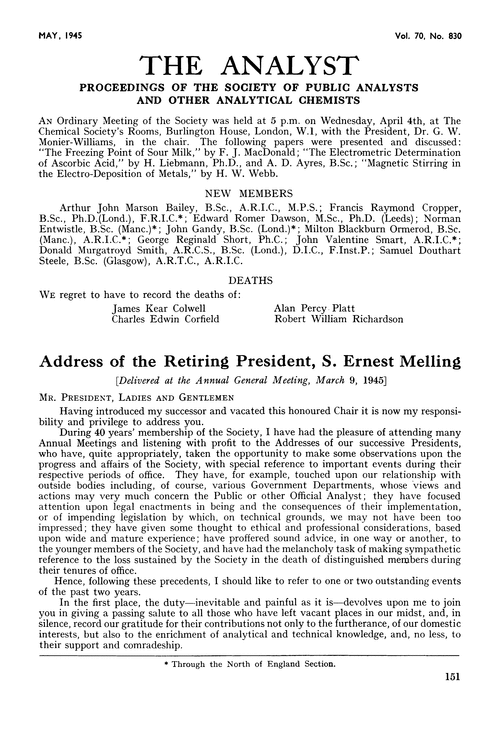 Address of the Retiring President, S. Ernest Melling