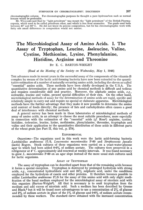 The microbiological assay of amino acids. I. The assay of tryptophan, leucine, isoleucine, valine, cystine, methionine, lysine, phenylalanine, histidine, arginine and threonine