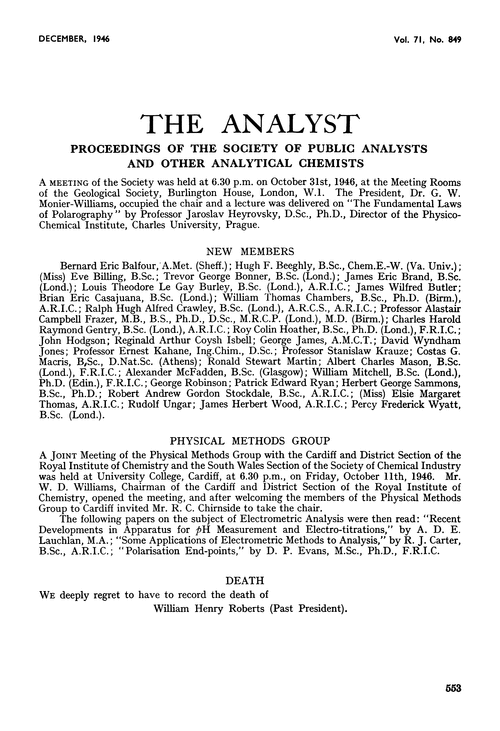 Proceedings of the Society of Public Analysts and other Analytical Chemists