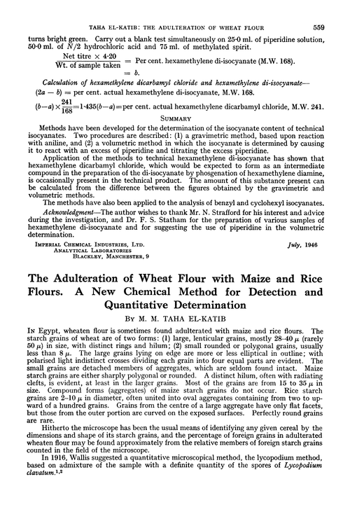 The adulteration of wheat flour with maize and rice flours. A new chemical method for detection and quantitative determination