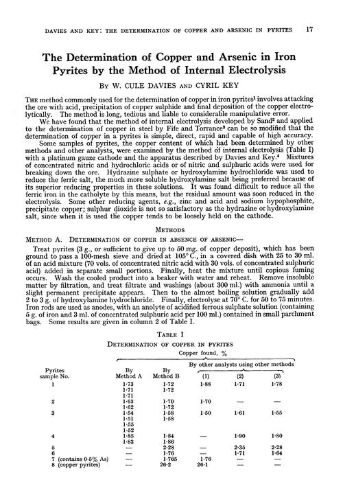 The determination of copper and arsenic in iron pyrites by the method of internal electrolysis