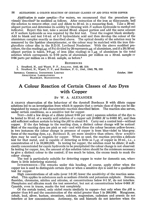 A colour reaction of certain classes of azo dyes with copper