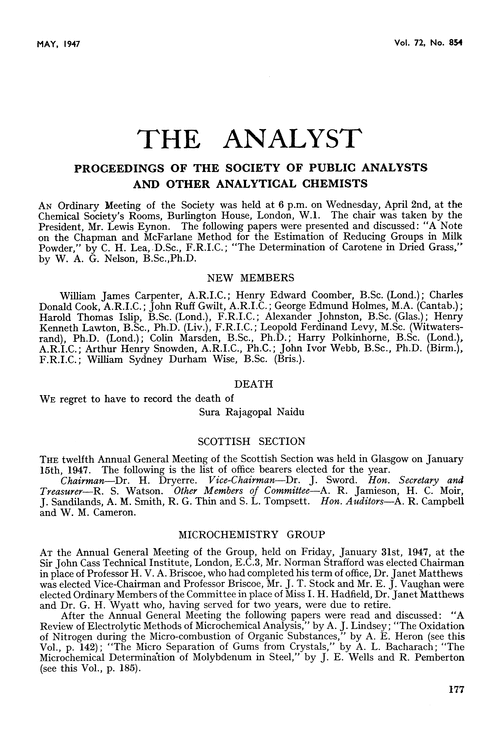 Proceedings of the Society of Public Analysts and other Analytical Chemists