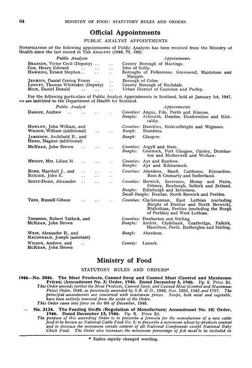 Ministry of Food.—statutory rules and orders