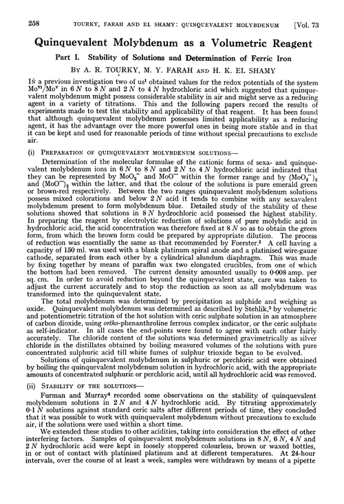 Quinquevalent molybdenum as a volumetric reagent