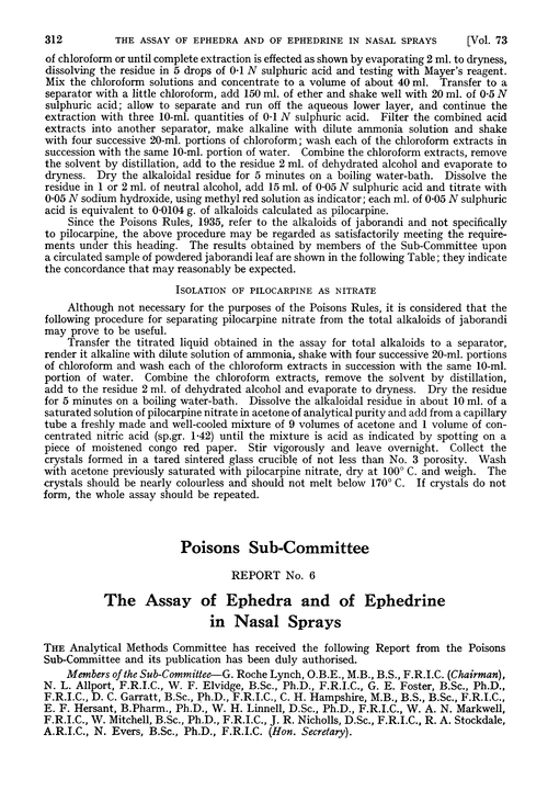 Poisons Sub-Committee. Report no. 6. The assay of ephedra and of ephedrine in nasal sprays