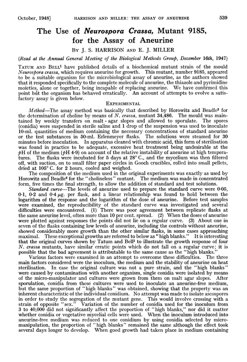 The use of Neurospora crassa, mutant 9185, for the assay of aneurine