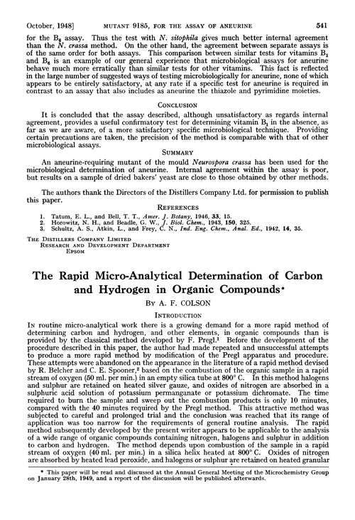 The rapid micro-analytical determination of carbon and hydrogen in organic compounds