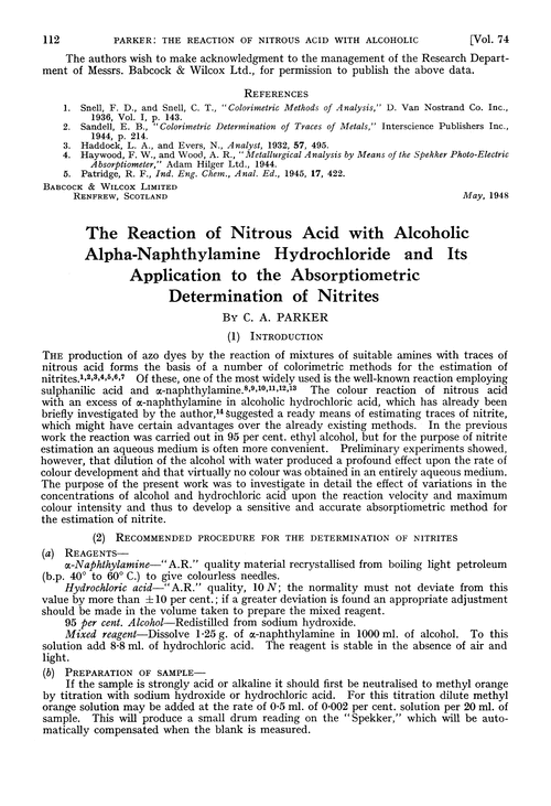 The reaction of nitrous acid with alcoholic alpha-naphthylamine hydrochloride and its application to the absorptiometric determination of nitrites