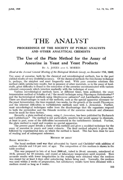 The use of the plate method for the assay of aneurine in yeast and yeast products