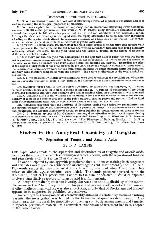 Studies in the analytical chemistry of tungsten IV. Separation of tungstic and arsenic acids