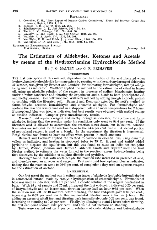 The estimation of aldehydes, ketones and acetals by means of the hydroxylamine hydrochloride method