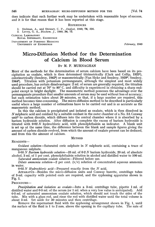 Micro-diffusion method for the determination of calcium in blood serum