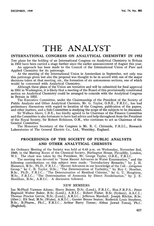 International Congress on Anylytical Chemistry in 1952