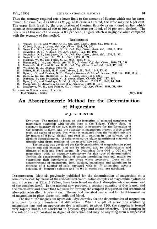 An absorptiometric method for the determination of magnesium
