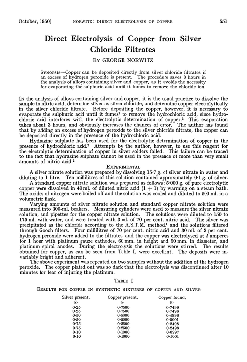 Direct electrolysis of copper from silver chloride filtrates