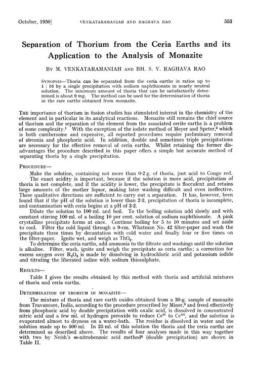 Separation of thorium from the ceria earths and its application to the analysis of monazite