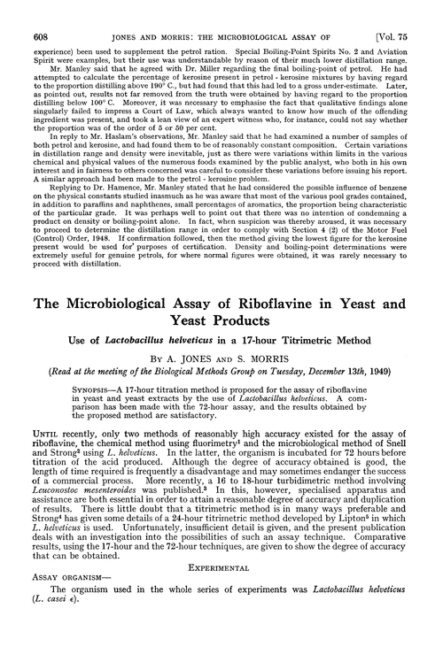 The microbiological assay of riboflavine in yeast and yeast products. Use of Lucfabucillus helveficus in a 17-hour titrimetric method