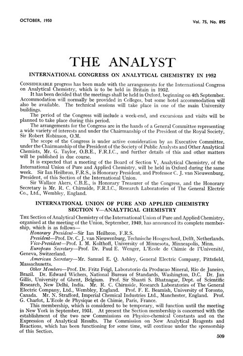 International Union of Pure and Applied Chemistry Section V—Analytical Chemistry