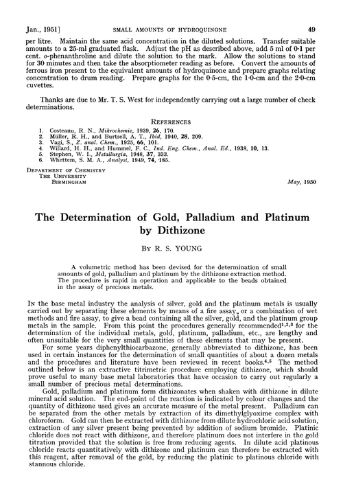 The determination of gold, palladium and platinum by dithizone