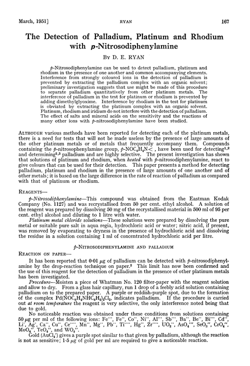 The detection of palladium, platinum and rhodium with p-nitrosodiphenylamine