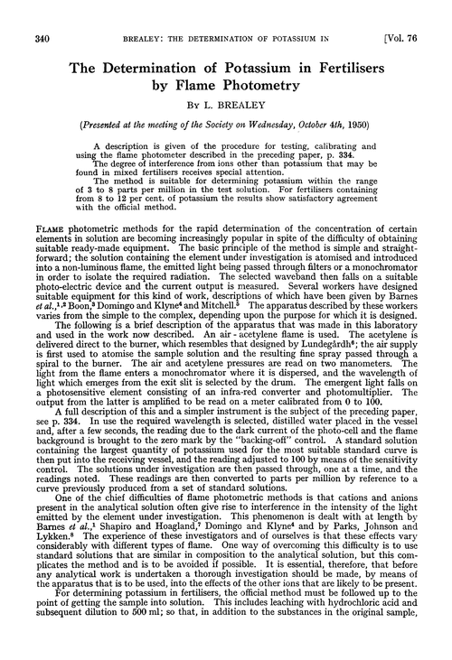 The determination of potassium in fertilisers by flame photometry
