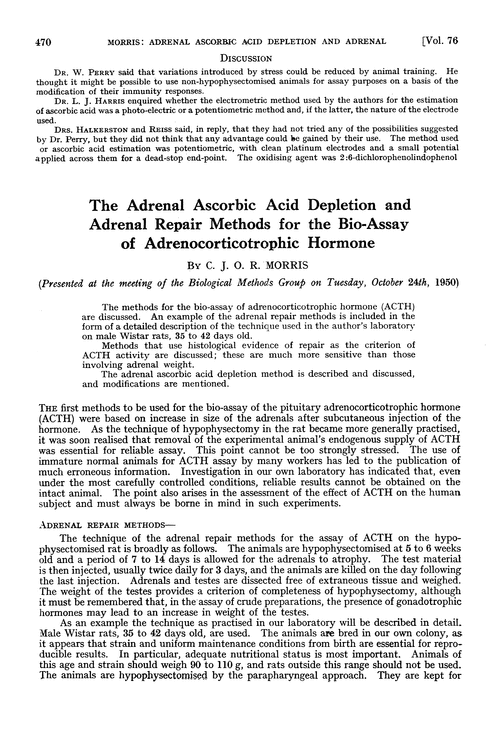 The adrenal ascorbic acid depletion and adrenal repair methods for the bio-assay of adrenocorticotrophic hormone
