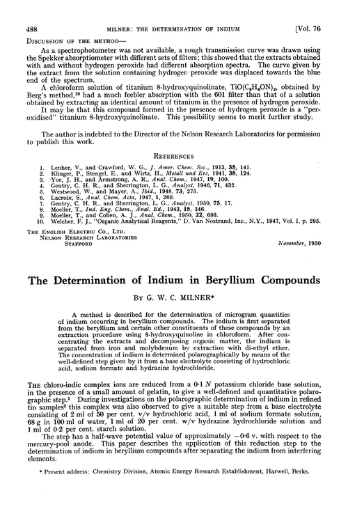 The determination of indium in beryllium compounds