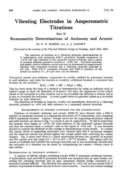 Vibrating electrodes in amperometric titrations. Part II. Bromometric determinations of antimony and arsenic