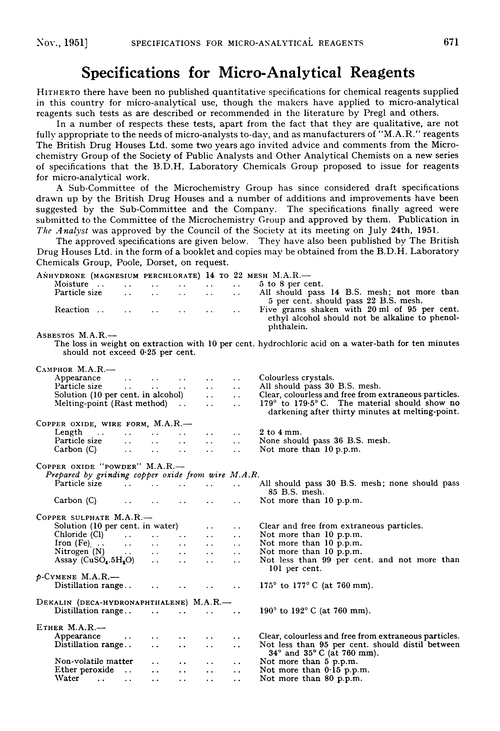 Specifications for micro-analytical reagents