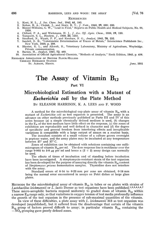 The assay of vitamin B12. Part VI. Microbiological estimation with a mutant of Escherichia coli by the plate method