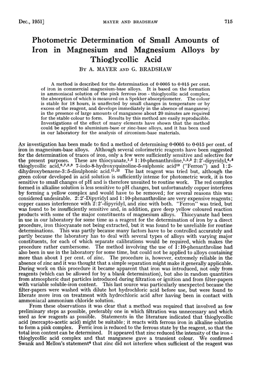 Photometric determination of small amounts of iron in magnesium and magnesium alloys by thioglycollic acid