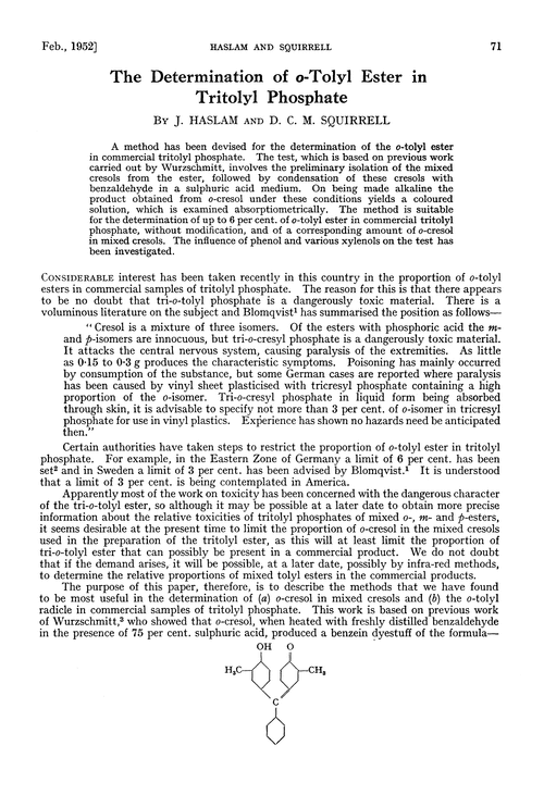 The determination of o-tolyl ester in tritolyl phosphate