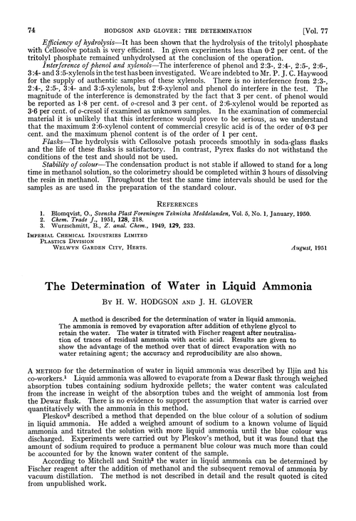 The determination of water in liquid ammonia