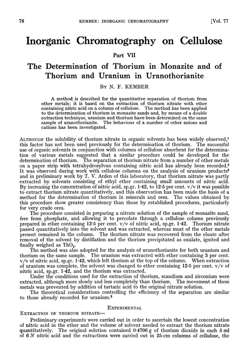 Inorganic chromatography on cellulose. Part VII. The determination of thorium in monazite and of thorium and uranium in uranothorianite