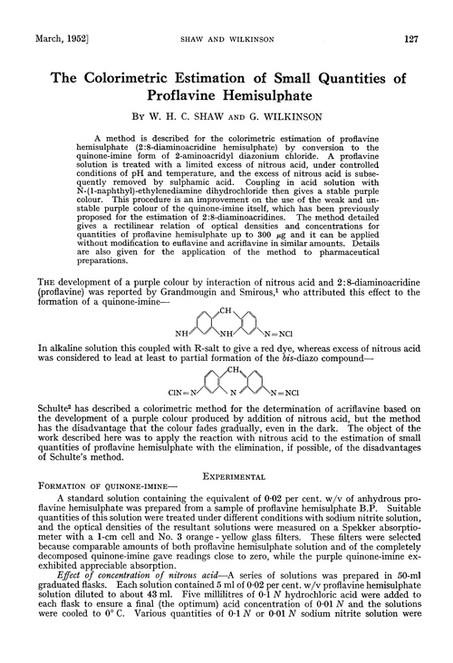 The colorimetric estimation of small quantities of proflavine hemisulphate